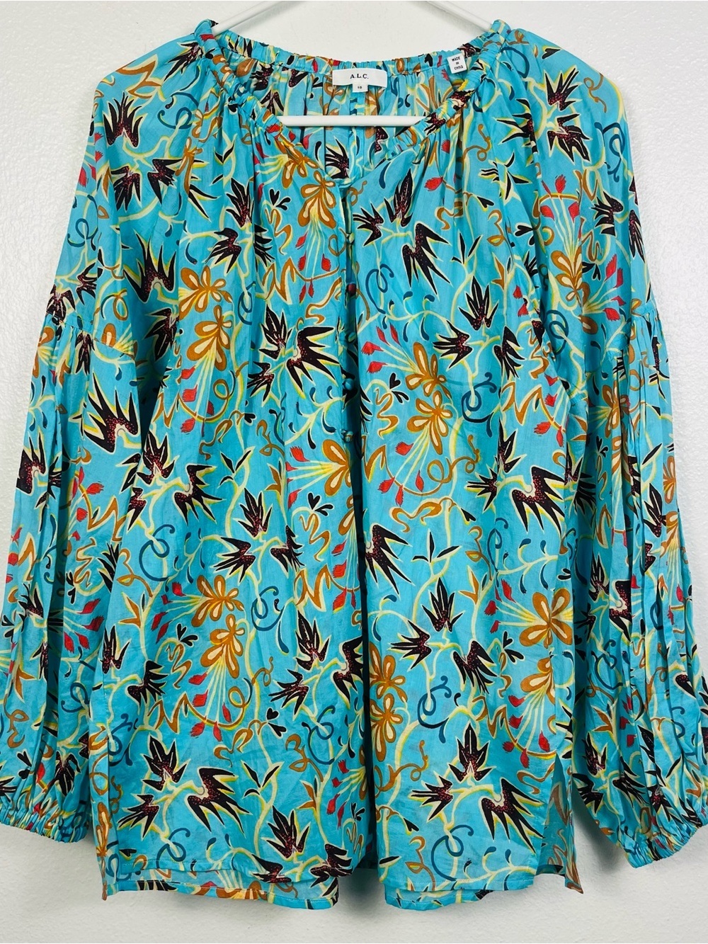 A.L.C. Size 10 Capri Aqua Blue Floral Long Sleeve Popover Blouse Top - Picture 2 of 6